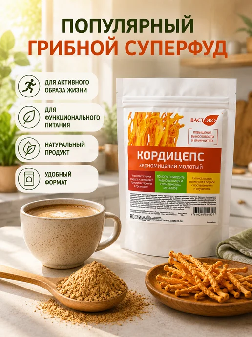 Вастэко Кордицепс порошок 150 г Молотый гриб суперфуд, 150 г, фото 5