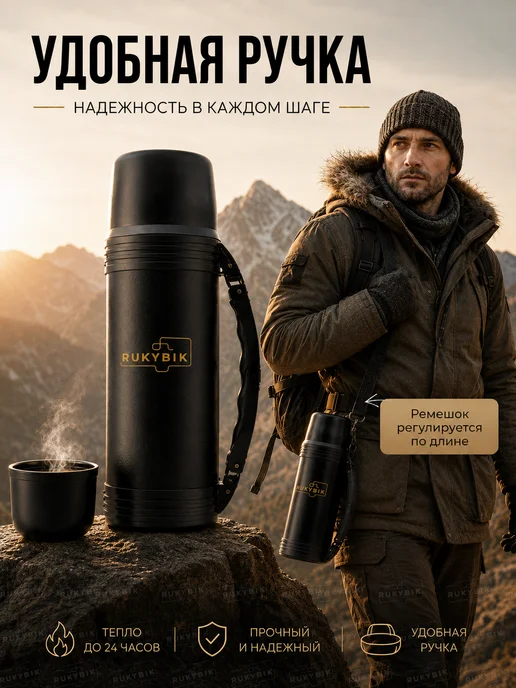 RUKYBIK Термос 1,2 литра для чая и кофе с ручкой и чашкой, черный, фото 7
