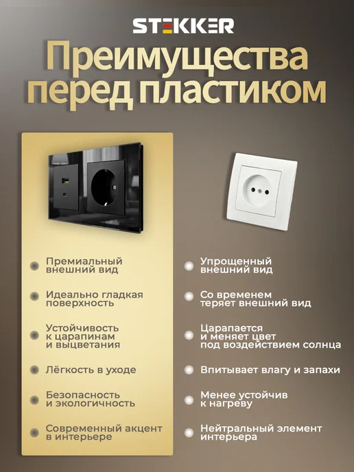 STEKKER Розетка с usb и type-c стеклянная встраиваемая, черный, фото 2