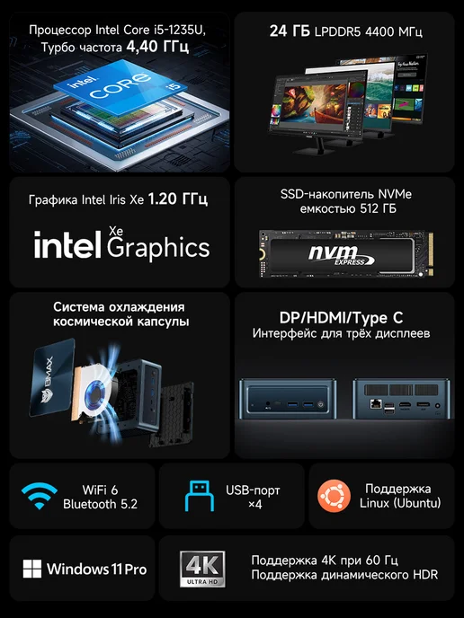 BMAX Мини ПК B9Plus i5 1235U 24 ГБ ОЗУ и 512 ГБ SSD Windows, 24 ГБ, 512 ГБ, фото 2