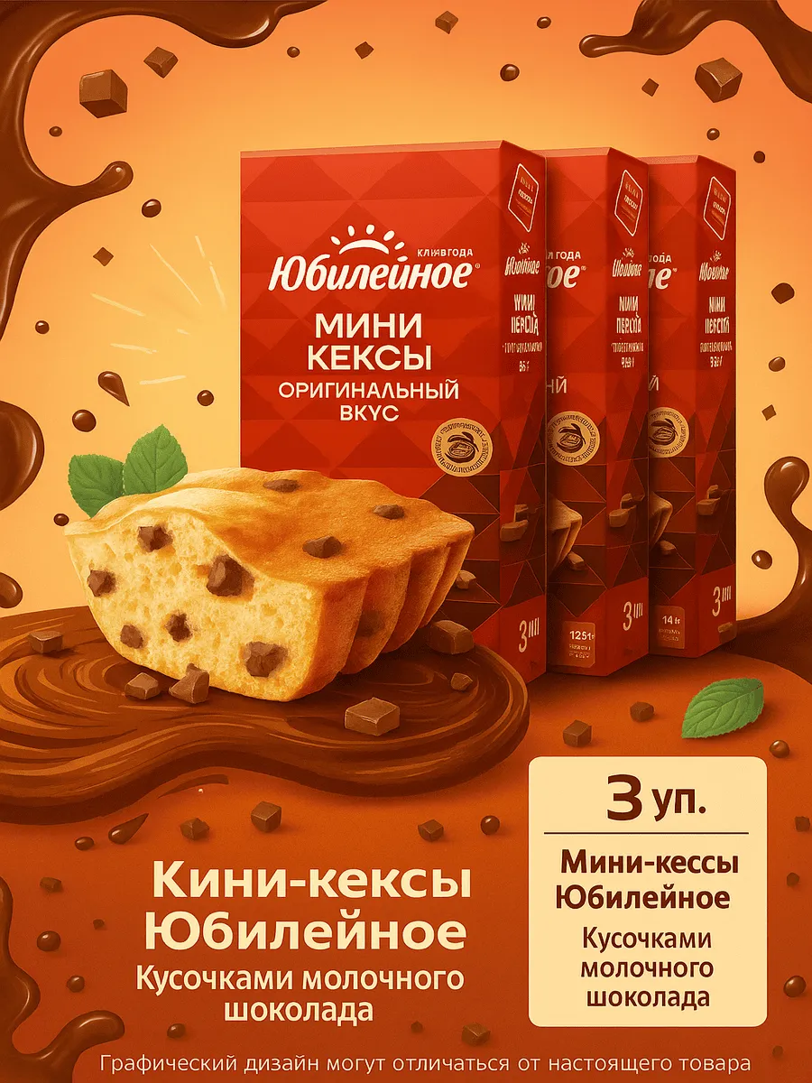 Мини-кексы с кусочками молочного шоколада, 140г x 3