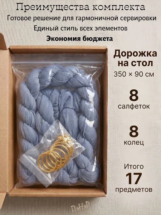 ПэНэР Набор дорожка на стол тканевая с салфетками свадебный декор, голубой, фото 2