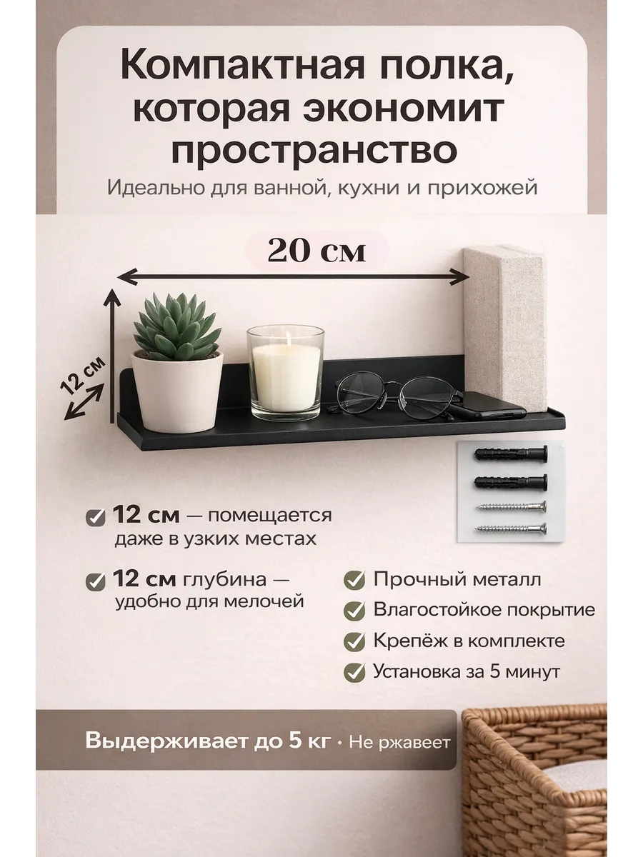 Полка черная металлическая настенная 20*12 см
