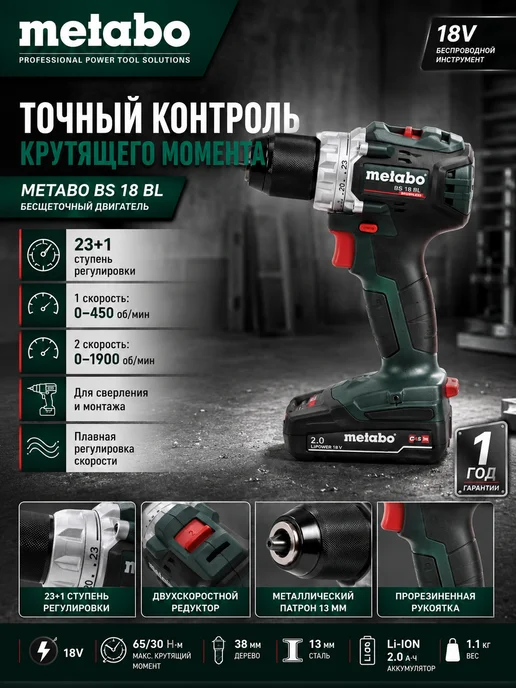 metabo Дрель-шуруповерт аккумуляторный бесщеточный BS18BL 18V, зеленый, фото 2