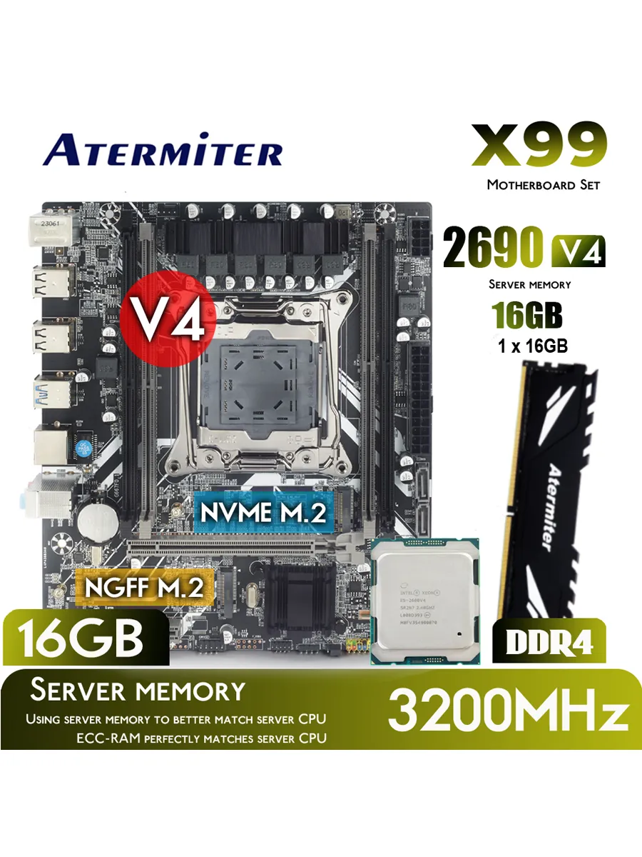 Atermiter X99 Материнская плата с процессором Xeon E5 2690V4 ddr4 16Gb