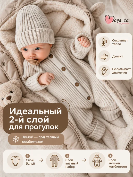 Moya ta Вязаный комбинезон для новорожденных комплект на выписку, бежевый, фото 4