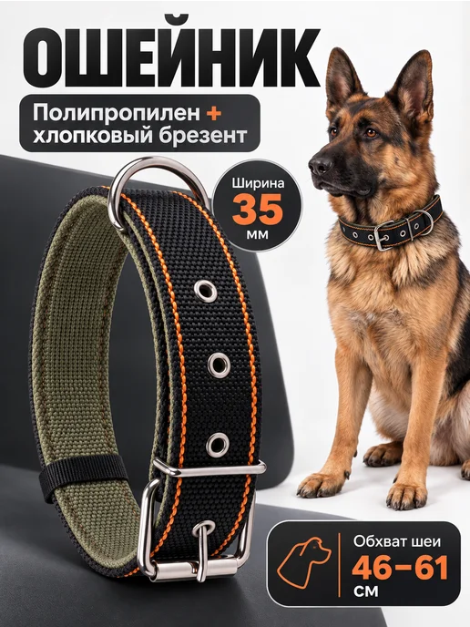 CERBERUS Ошейник для собак средних крупных пород усиленный брезент, черный