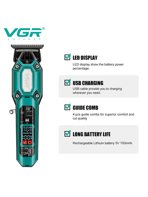 Машинка для стрижки волос и бороды, триммер, бритва мужская VGR V-900 Black, голубой, фото 3