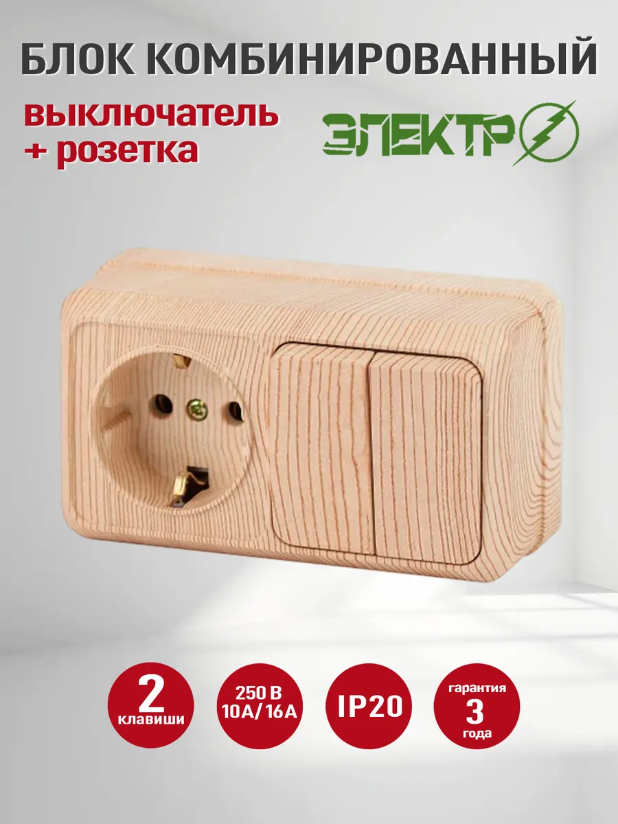 Блок розетка выключатель 2 клавишный с заземлением 250В