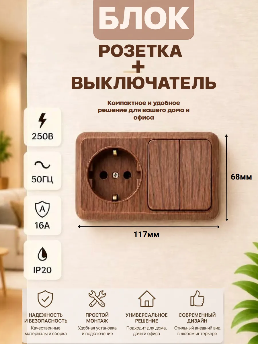 Блок розетка выключатель 2 клавишный с заземлением 250В