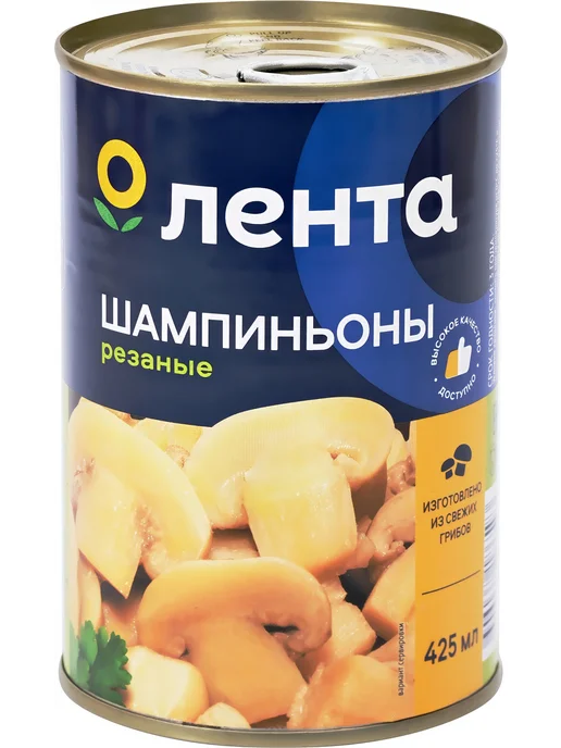 Шампиньоны ЛЕНТА резаные, 425мл, 425 мл