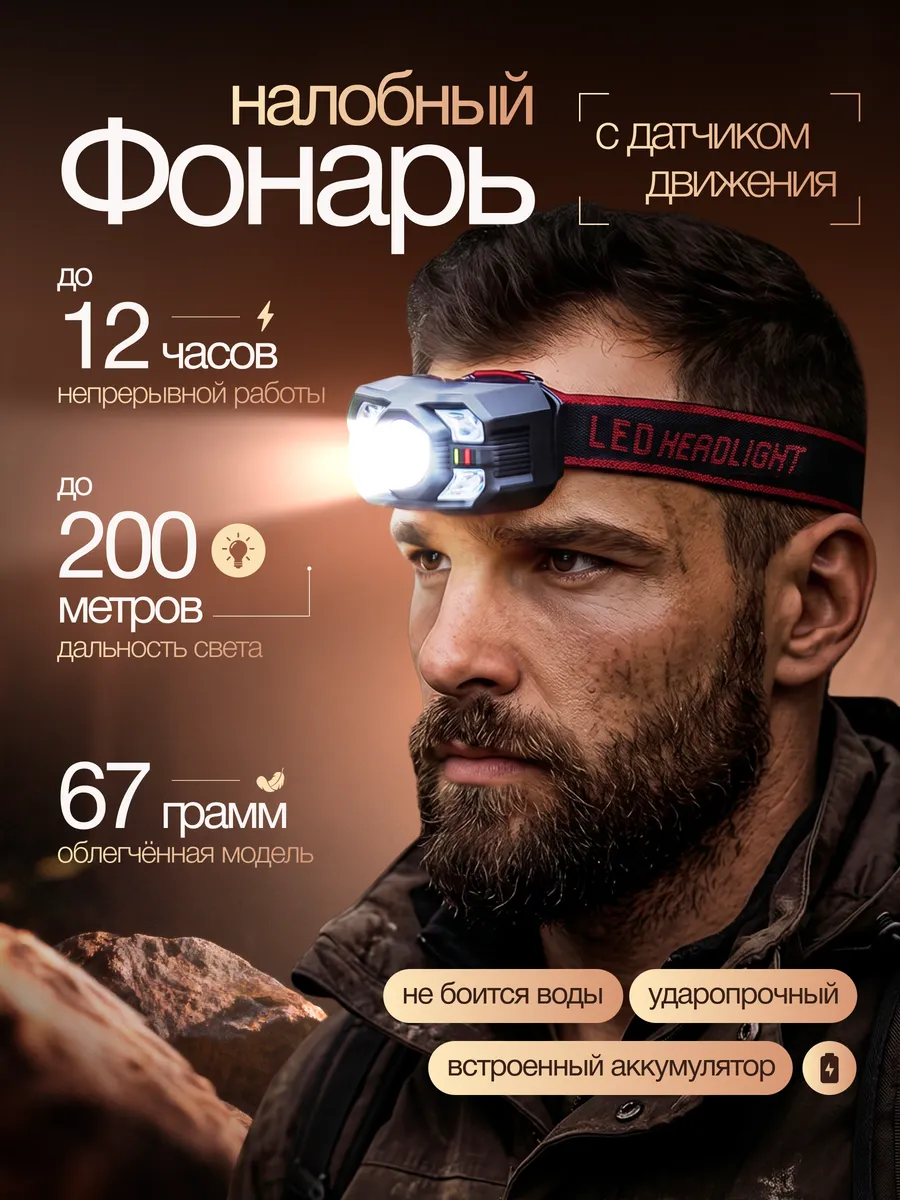 Фонарик налобный аккумуляторный с зарядкой светодиодный