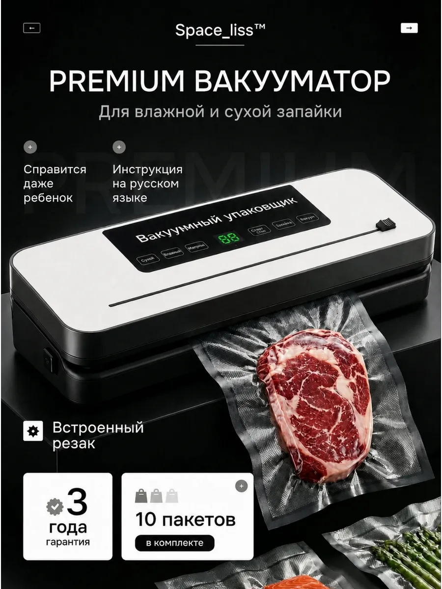 Вакууматор для продуктов с резаком и запайкой с пакетами
