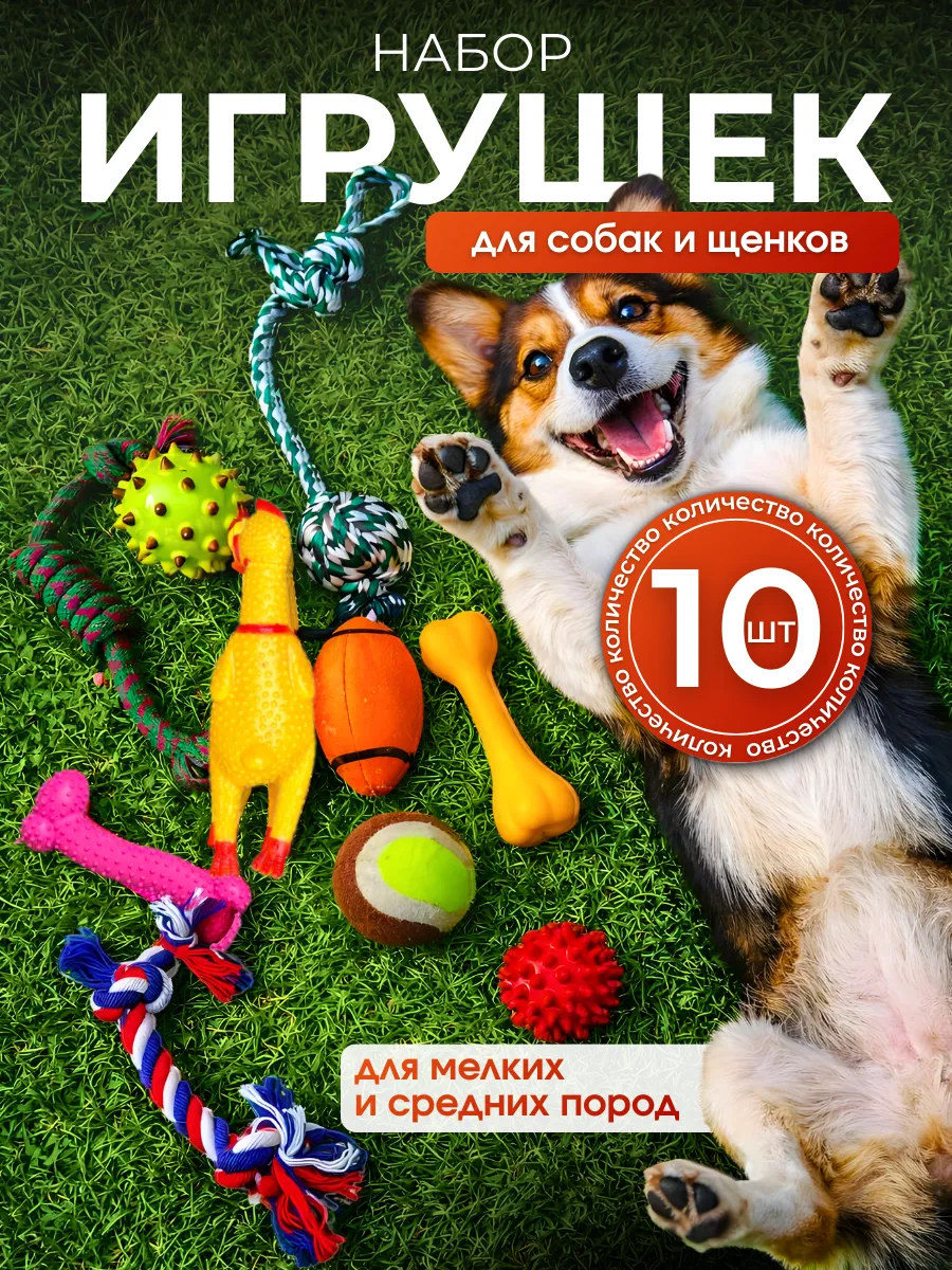 Игрушки для собак мелких, средних пород и щенков; набор 10шт