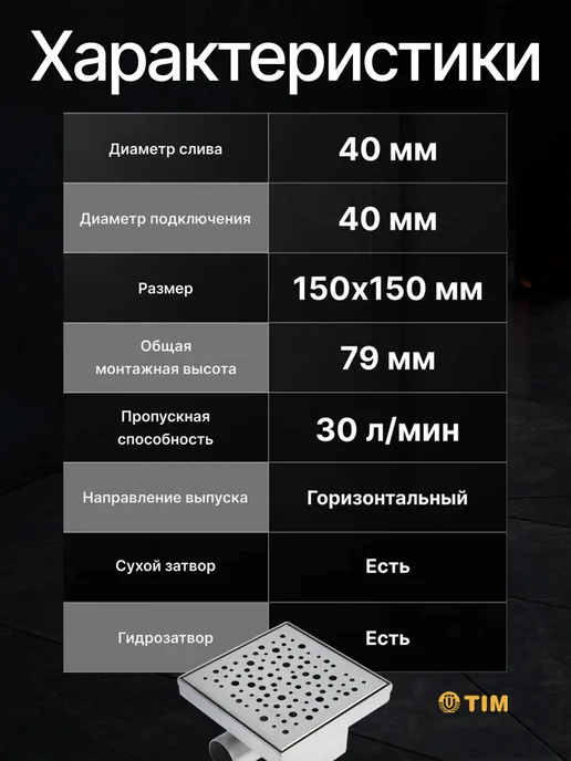 TIM Трап для душа с горизонтальным выпуском 150х150 мм BAD411502, 150x150 мм, фото 8