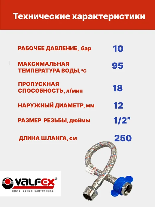 VALFEX Гибкая подводка для воды 1 2" гайка-штуцер 60 см, 250 в ПВХ, фото 4