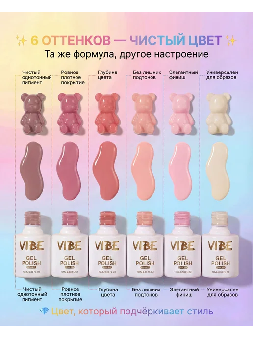 VIBE professional Набор гель-лаков нюдовый молочный для ногтей 6 шт по 10 мл, 6 шт, 10 мл, фото 5