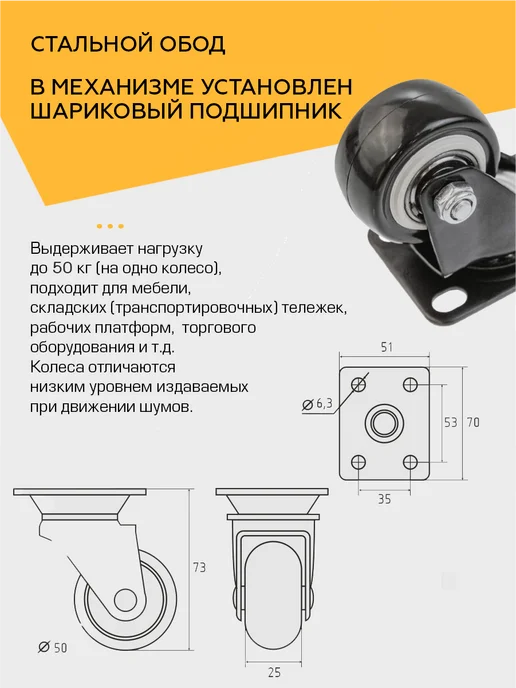 SANBERG Колесики для мебели 4 шт поворотные с площадкой усиленные, 4 шт, фото 2