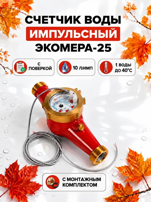 ЭКОМЕРА Счетчик холодной и горячей воды импульсный Ду25 260мм с КМЧ, красный