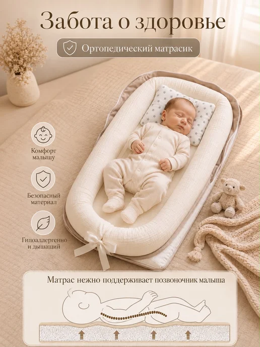 Sunny Smiles Кокон кроватка для новорожденных, бежевый, фото 6