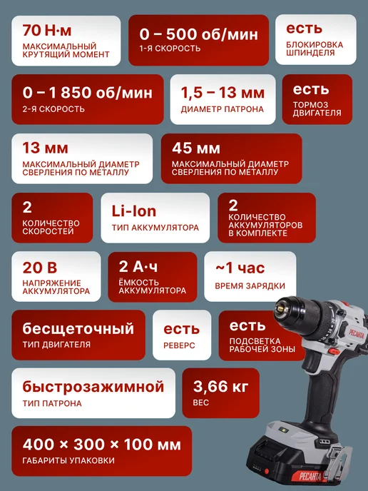 Дрель шуруповерт аккумуляторный мощный ДА-20-2ЛК-БП — фото 2