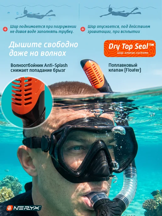 NERYX Маска для плавания и снорклинга взрослая с трубкой, вариант, фото 6
