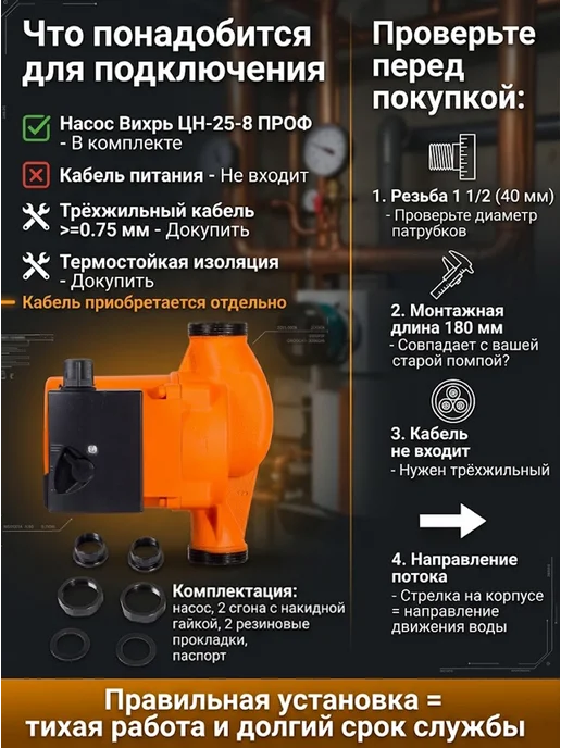 ВИХРЬ Циркуляционный насос для отопления ЦН-25-8 ПРОФ, вариант, фото 8