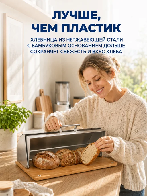 feel Maestro at home Хлебница деревянная бамбук с металлической крышкой черная, серый, фото 3