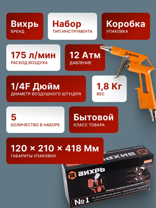 Набор пневмоинструмента для компрессора 5 предметов НП-5 — фото 2