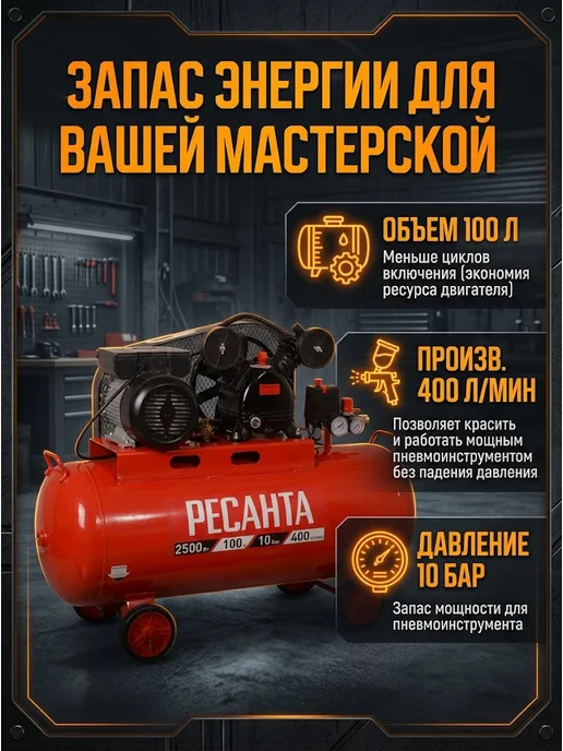 Компрессор воздушный 100 литров масляный КП-100/400Р — фото 2