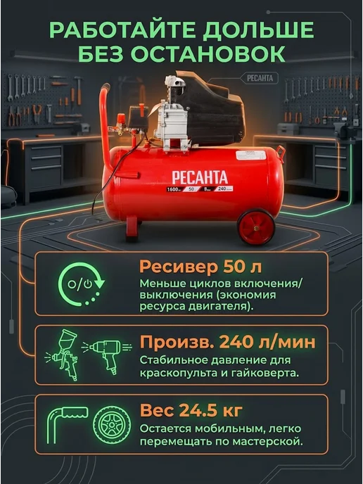 Компрессор воздушный 50 литров масляный КП-50/240М — фото 2