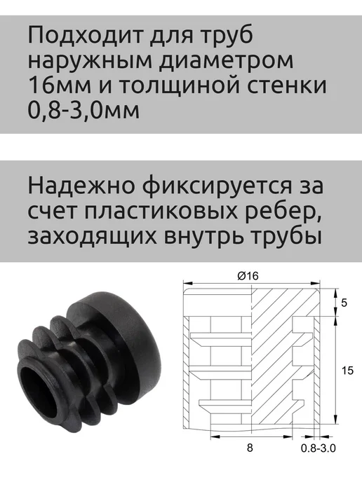 Заглушки для стульев и труб круглые 16мм, плоские, 16шт, 16 шт, фото 2