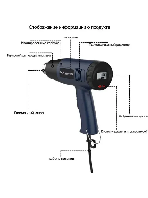 Строительный фен Warwolf DCFDQ61 2000 Вт 4 насадки, 2000 Вт, фото 6