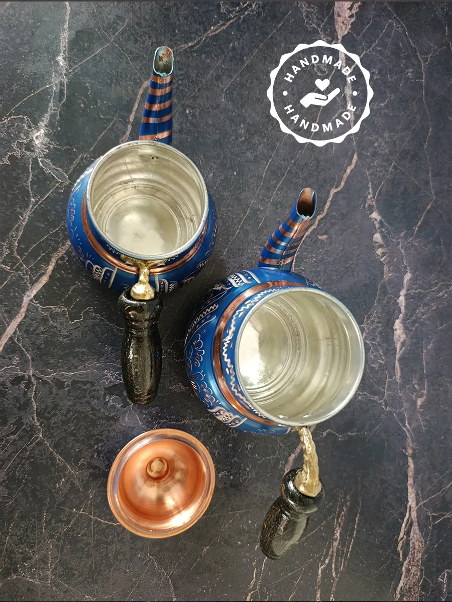 Çift Katlı Bakır Demlik Mavi, El Yapımı 1400 ml, Türkiye 2