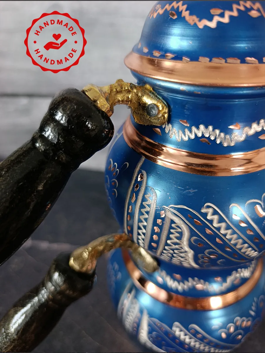 Çift Katlı Bakır Demlik Mavi, El Yapımı 1400 ml, Türkiye 5