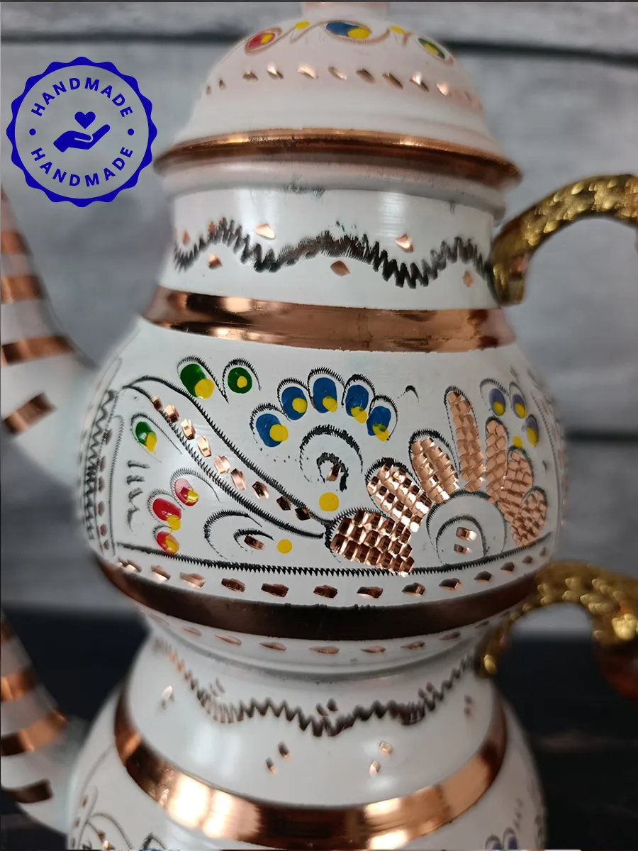 Çift Katlı Bakır Demlik Beyaz, El Yapımı 1400 ml, Türkiye 2