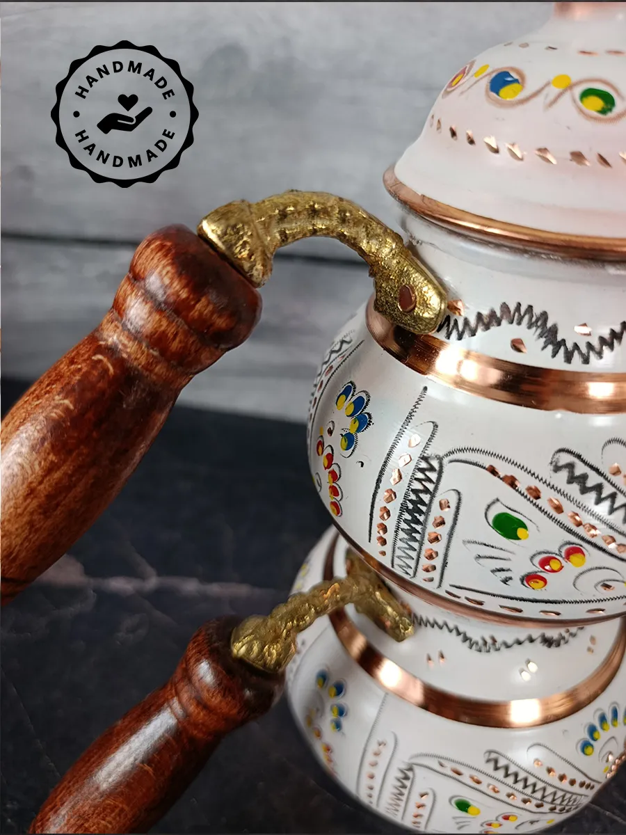 Çift Katlı Bakır Demlik Beyaz, El Yapımı 1400 ml, Türkiye 5