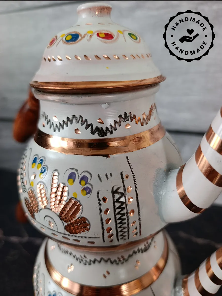 Çift Katlı Bakır Demlik Beyaz, El Yapımı 1400 ml, Türkiye 6