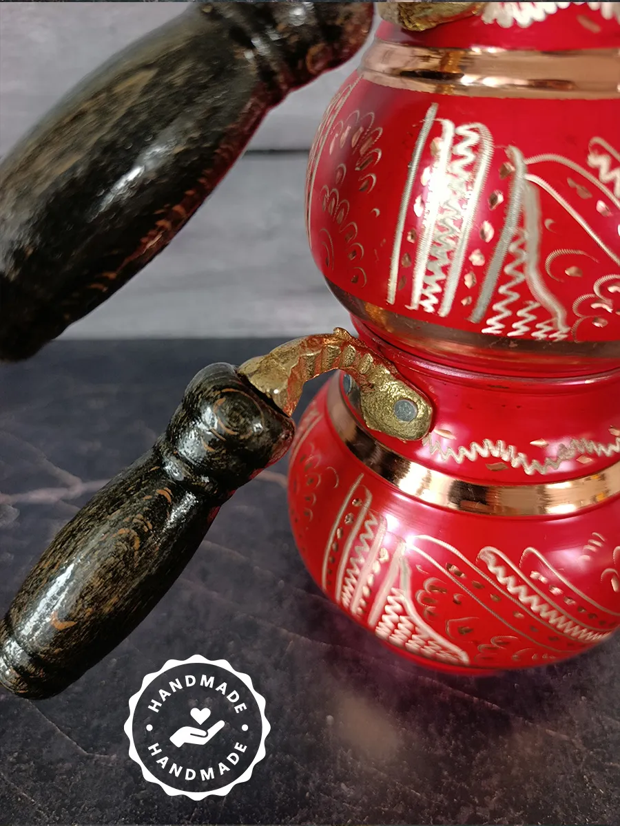 Çift Katlı Bakır Demlik Kırmızı, El Yapımı 1400 ml, Türkiye 3