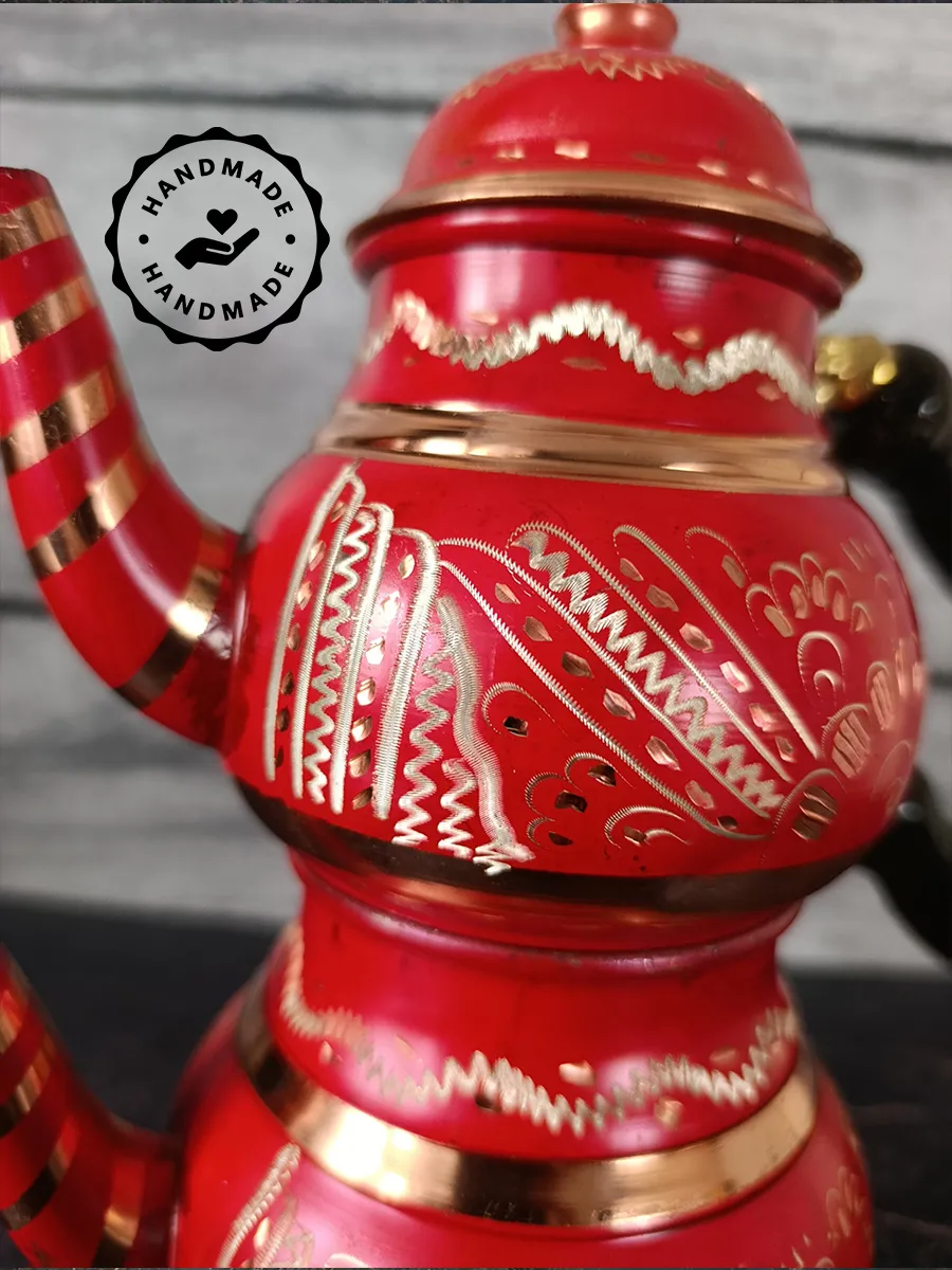 Çift Katlı Bakır Demlik Kırmızı, El Yapımı 1400 ml, Türkiye 6
