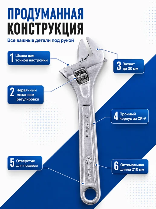 Кобальт Разводной ключ 210мм 244-988, вариант, фото 4