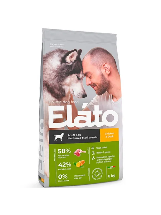 Сухой корм Elato для собак, крупные, средние, курица, утка, 8 кг