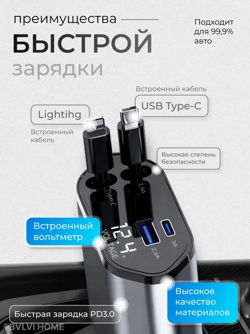 BVLVI HOME Быстрая автомобильная зарядка в прикуриватель для авто, вариант, фото 2