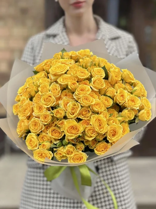 ROZA4U Букет живых цветов 25 розовых кустовых роз, желтый, фото 2
