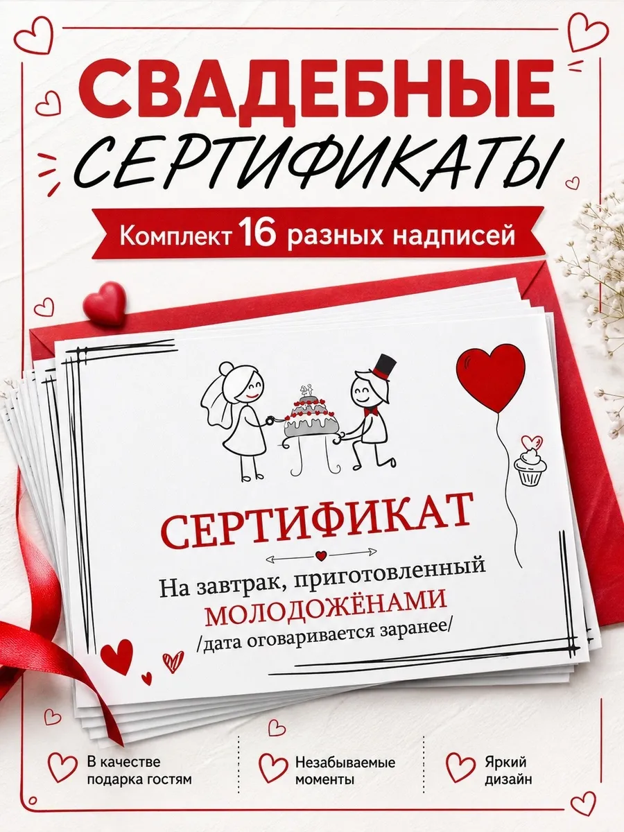 Сертификаты шуточные на свадьбу 16 штук