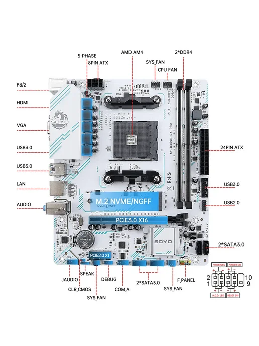 SOYO Материнская плата B450M AM4 DDR4 M-ATX M.2 NVME, белый, фото 4