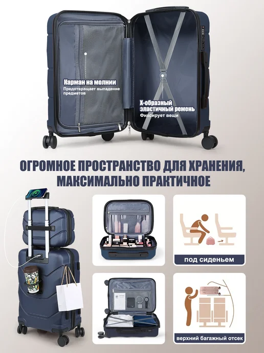 Жёсткий чемодан на колесах ручная кладь S и бьюти-кейс набор, голубой, фото 5