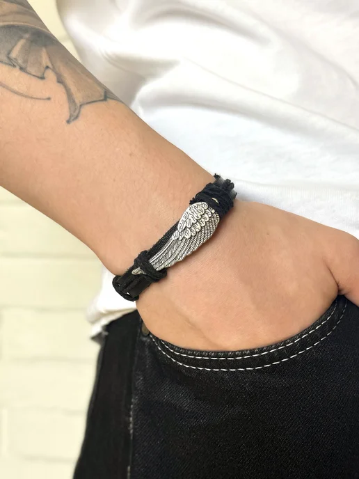 I.STRIGUNOV Leather&Steel Набор кожаных плетёных браслетов на руку, голубой, фото 5