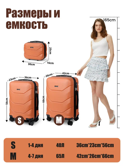 Чемодан на колесах M и бьюти-кейс набор жёсткий поликарбонат, оранжевый, фото 7