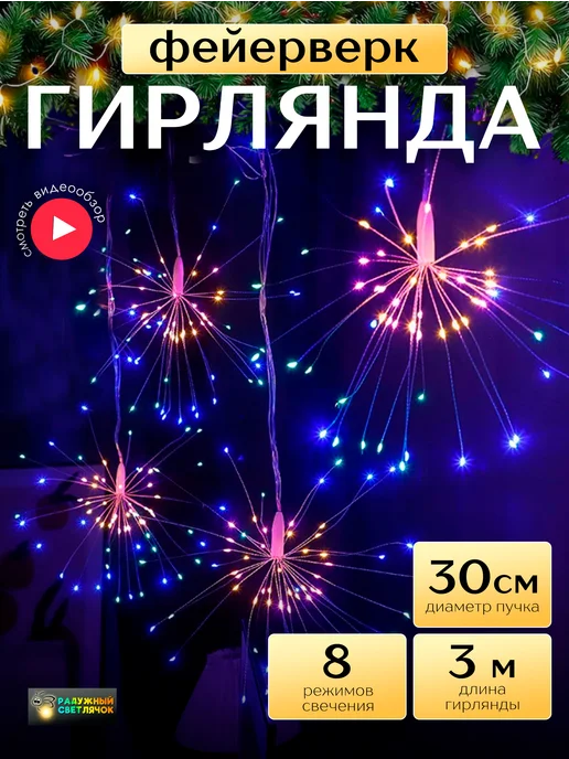 Радужный светлячок Гирлянда светодиодная фейерверк с пультом, вариант